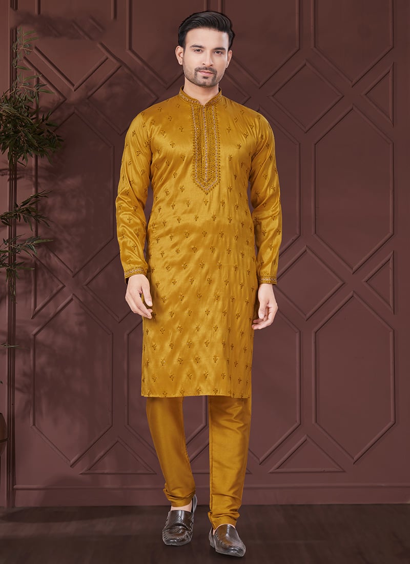 Mustard Silk Embroidered Sequin Mens Kurta Pyjama Set Festive Wear