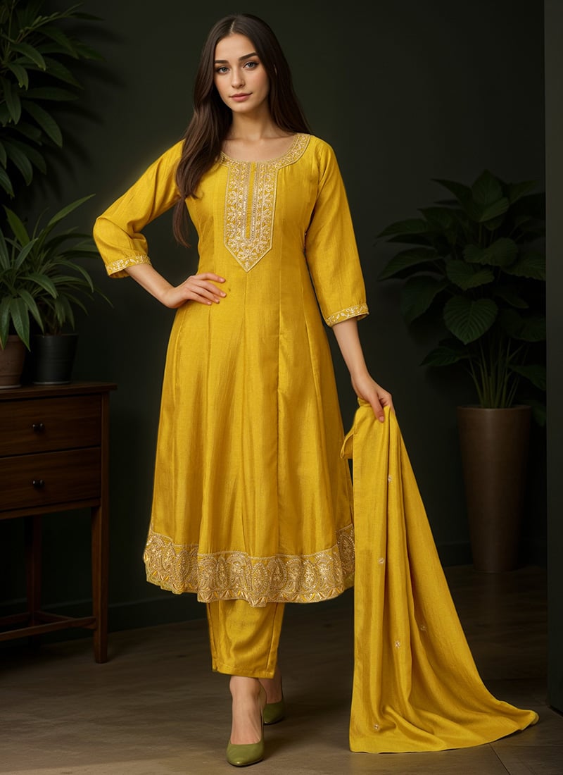 Mustard Silk Embroidered Sequins A Line Straight Pant Suit Festive Wear