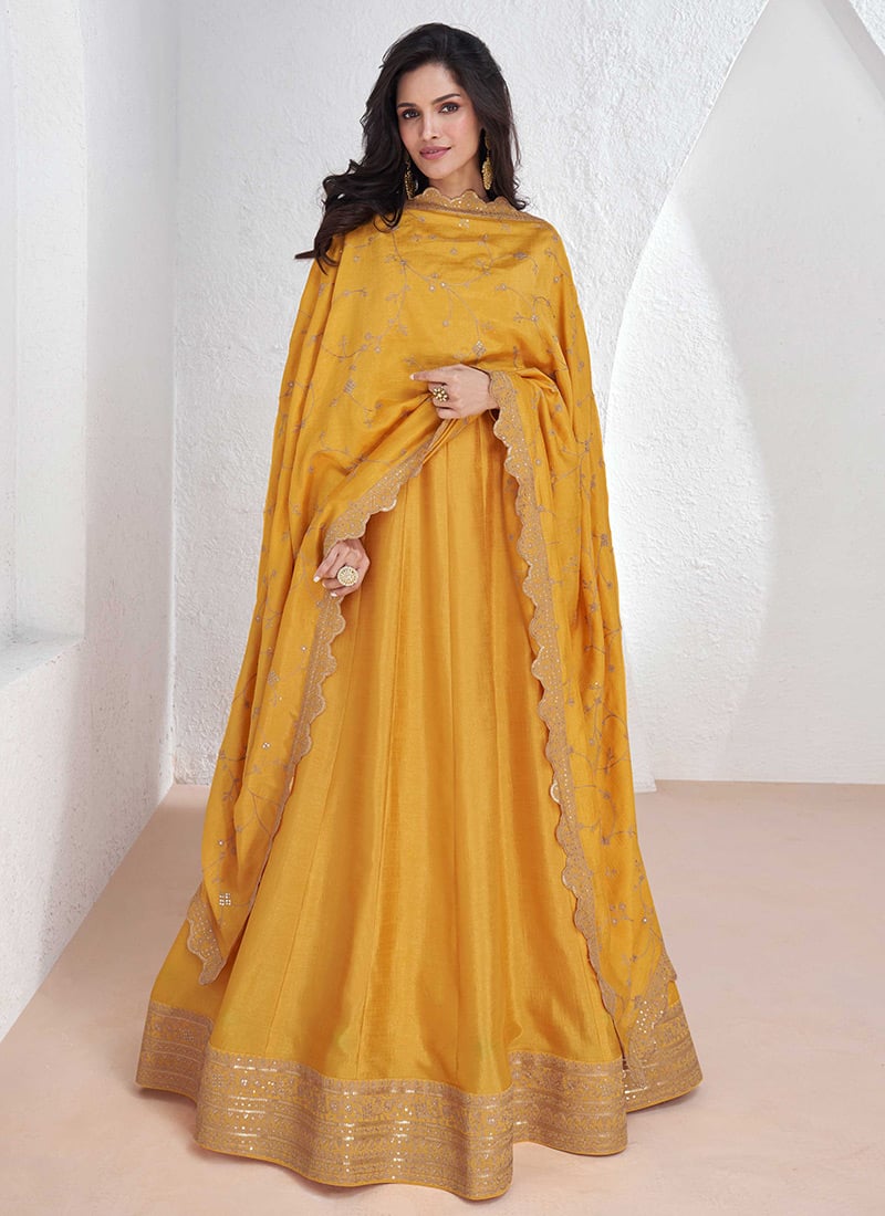 Mustard Silk Embroidered Sequins Anarkali Gown Party Wear