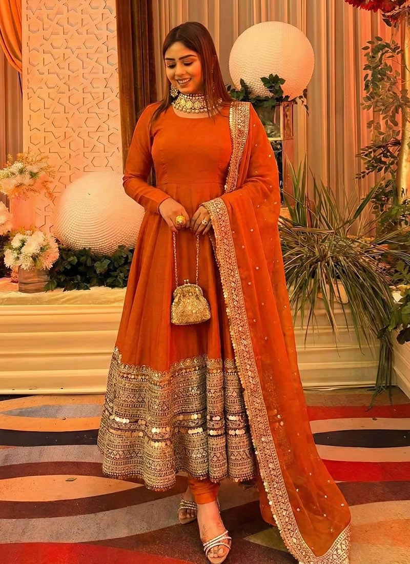 Mustard Silk Embroidered Sequins Anarkali Suit Festive Wear