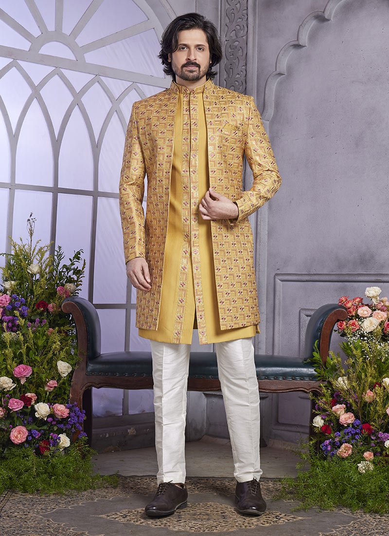 Mustard Silk Embroidered Sequins Jacket Style Indowestern Sherwani Wedding Wear
