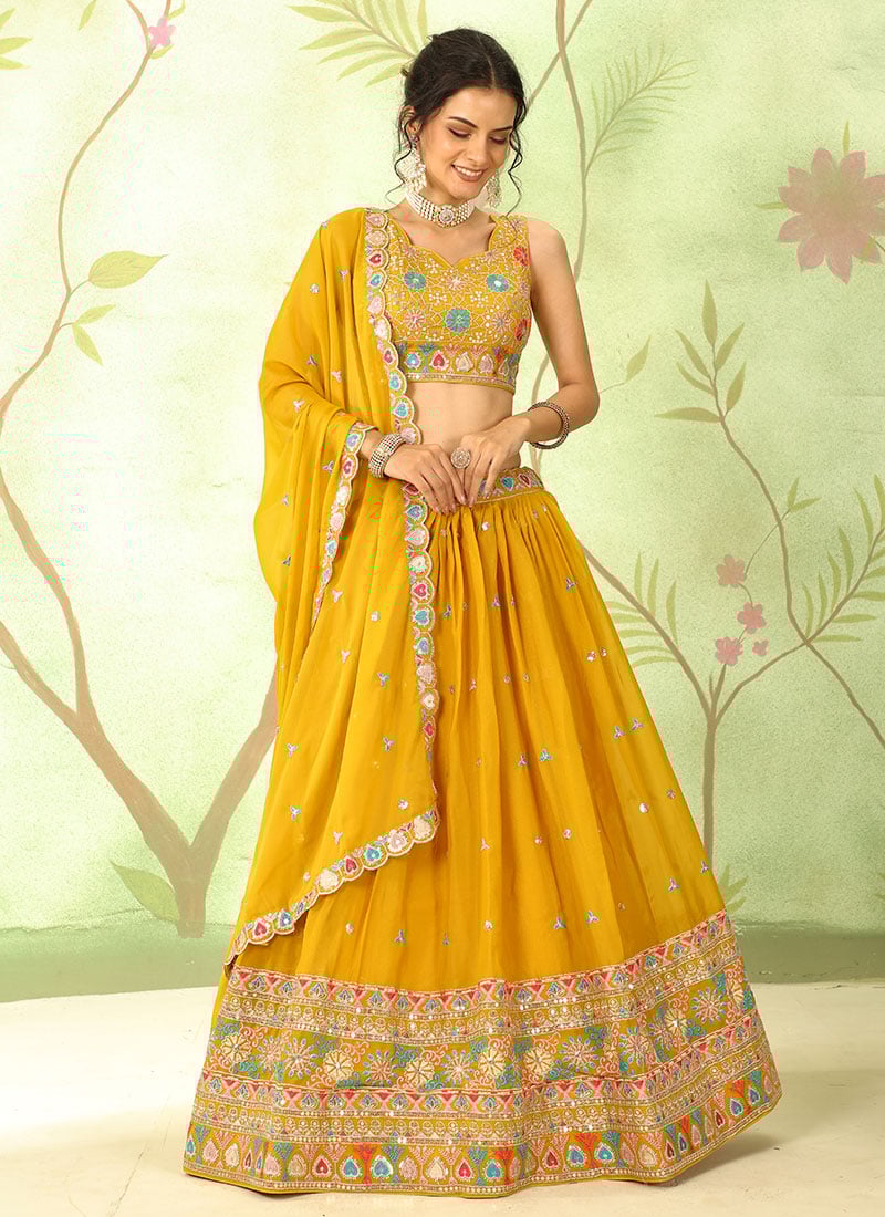 Mustard Silk Embroidered Sequins Lehenga