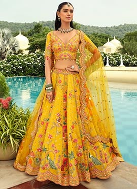 Mustard Silk Embroidered Sequins Mirror Work Cut Work Stones Thread Umbrella Lehenga