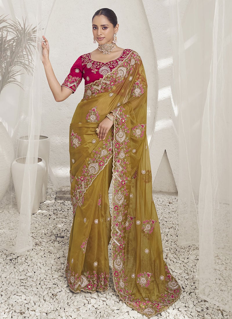 Mustard Silk Embroidered Sequins Saree Wedding Wear