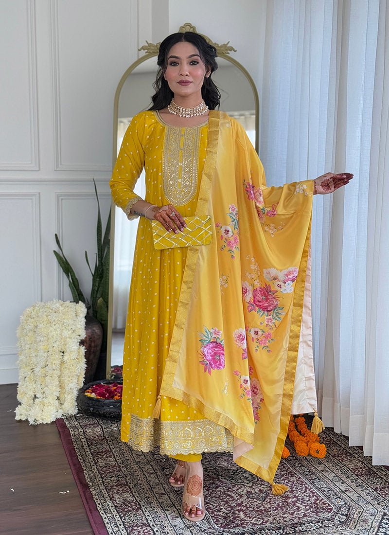 Mustard Silk Embroidered Sequins Straight Pant Suit With Digital print Dupatta Festive Wear