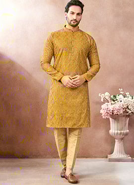 Mustard Silk Embroidered Sequins Thread Kurta Pyjama