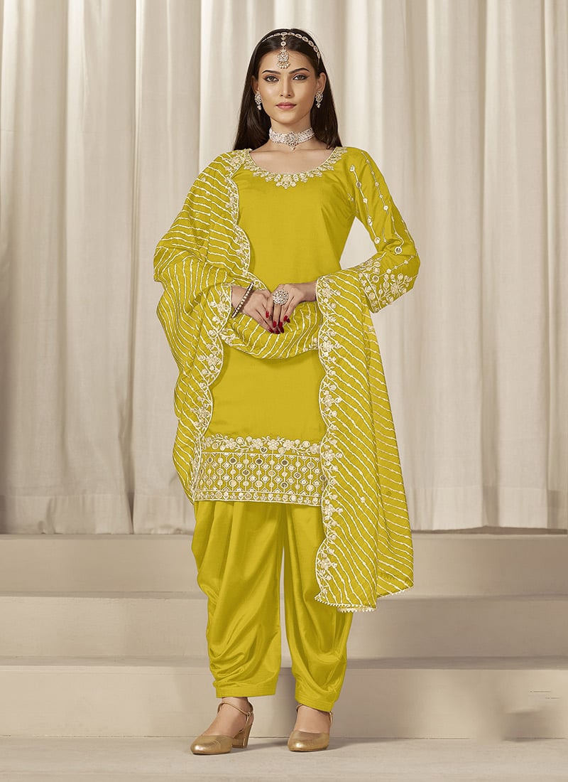 Mustard Silk Embroidered Sequins With Mirror Work Salwar Suit Festive Wear