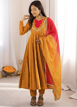 Mustard Silk Embroidered Sequins With MirrorWork Anrakali Suit