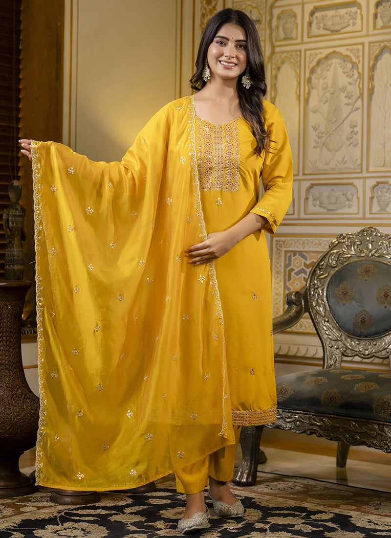 Mustard Silk Embroidered Straight Pant Suit Festive Wear