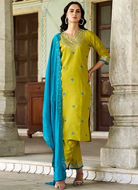 Mustard Silk Embroidered Straight Pant Suit