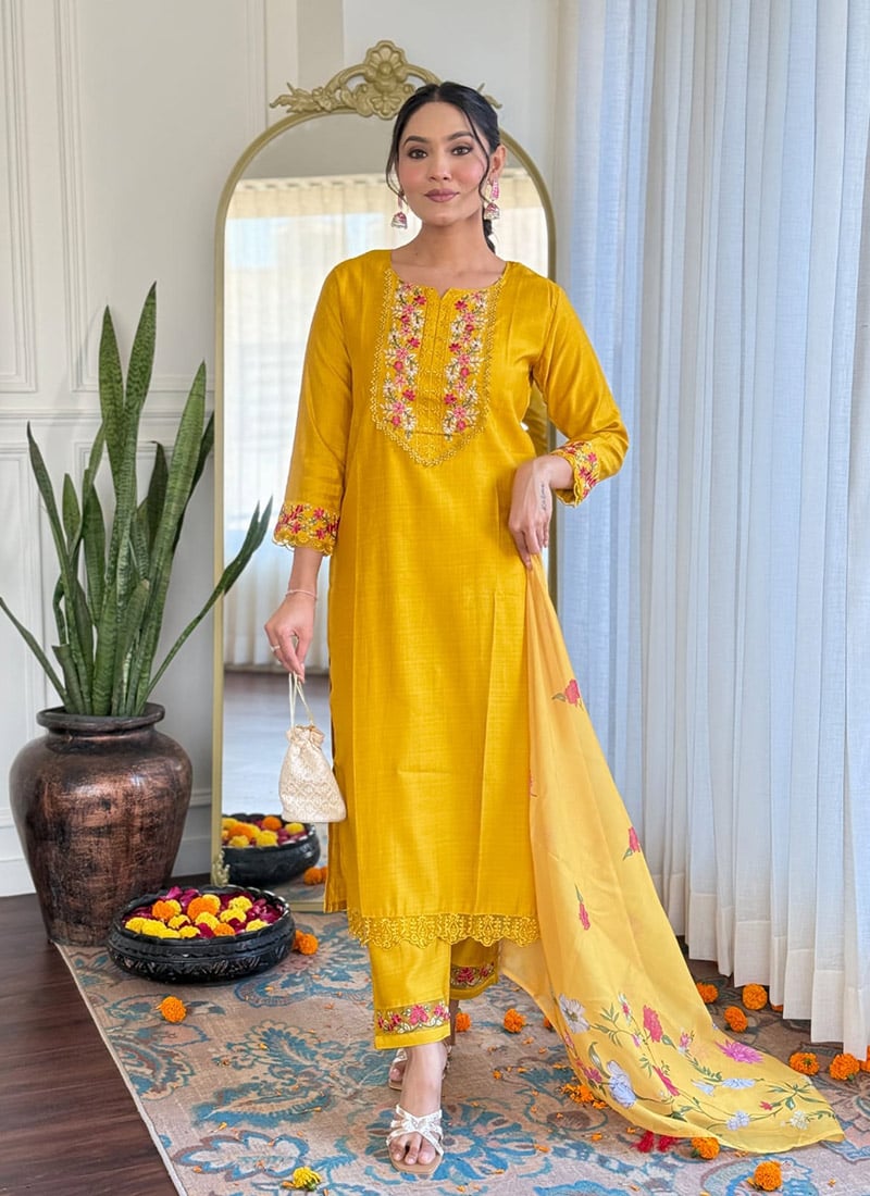 Mustard Silk Embroidered Straight Pant Suit With Digital Printed Dupatta Festive Wear