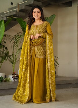 Mustard Silk Embroidered With Beads Work Sharara Suit Festive Wear