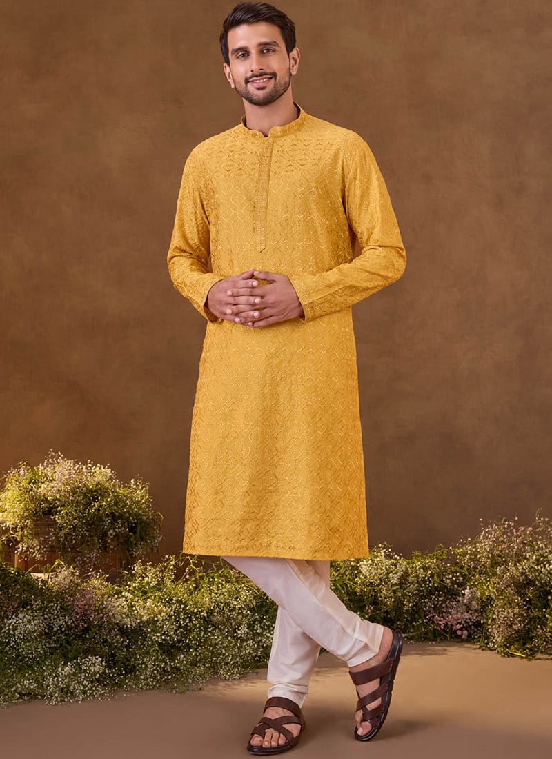 Mustard Silk Embroidered Woven Kurta Pyjama Festive Wear