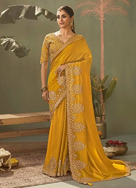 Mustard Silk Embroidered Zari Gota Resham Saree