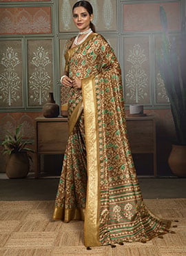 Mustard Silk Floral Printed Saree