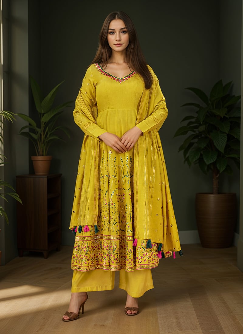 Mustard Silk Foil Print With Mirror Work Anarkali Suit Festive Wear