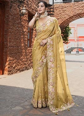 Mustard Silk Hand Embroidered Stone And Beads Work Saree