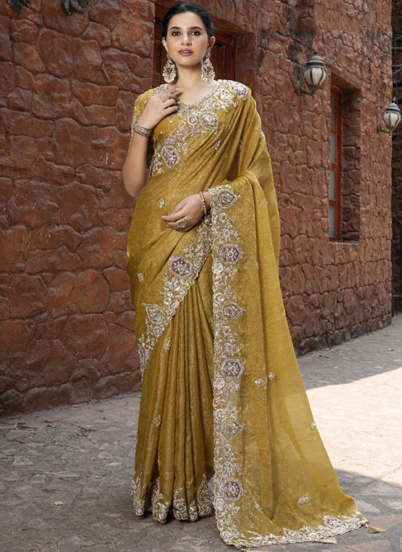 Mustard Silk Hand Embroidered Stone And Beads Work Saree