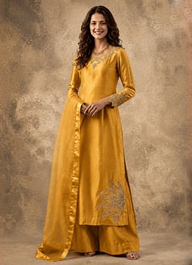 Mustard Silk Hand Embroidered Stone Work Palazzo Suit