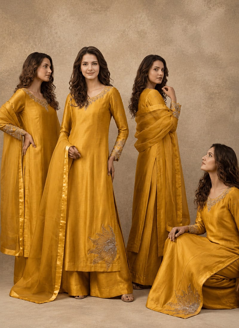 Mustard Silk Hand Embroidered Stone Work Palazzo Suit After Six Wear