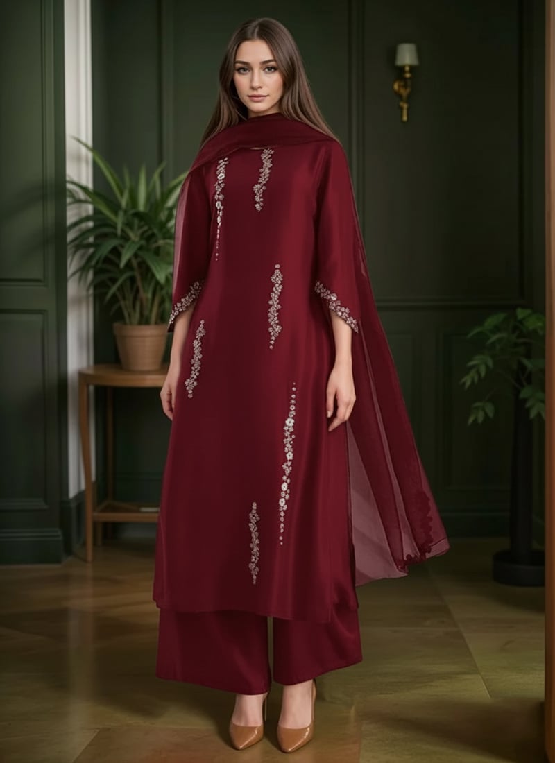 Mustard Silk Hand Embroidered Stones Zari Palazzo Suit Festive Wear