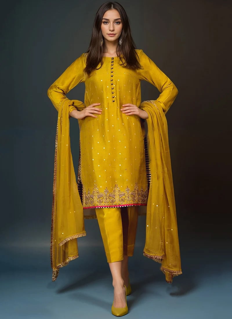 Mustard Silk Hand Embroidered Zari Sequins Straight Pant Suit Festive Wear