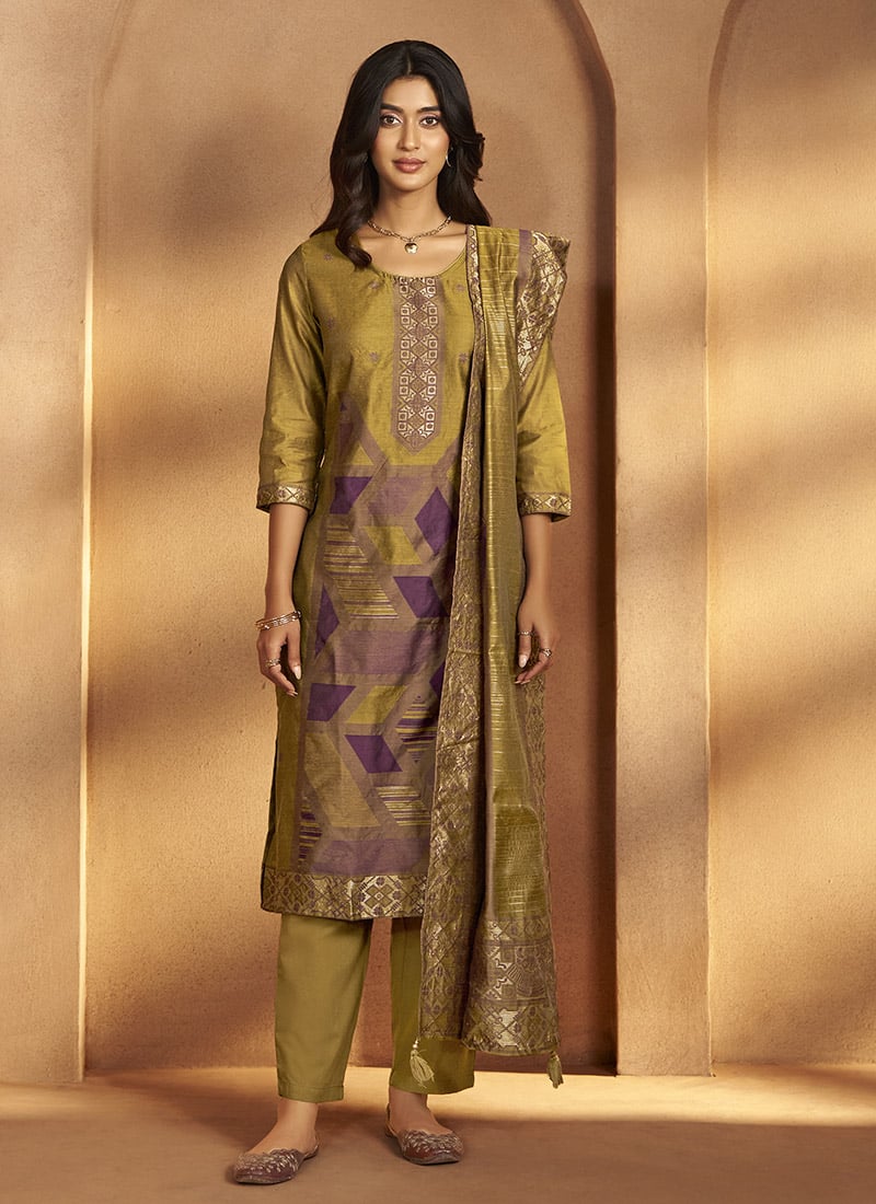 Mustard Silk Jacquard Straight Pant Suit After Six Wear