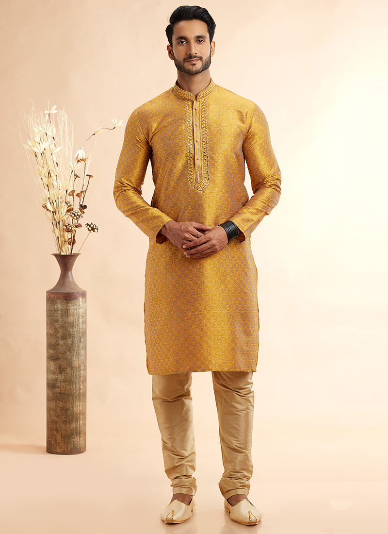 Mustard Silk Jacquard Thread Kurta Pyjama Festive Wear