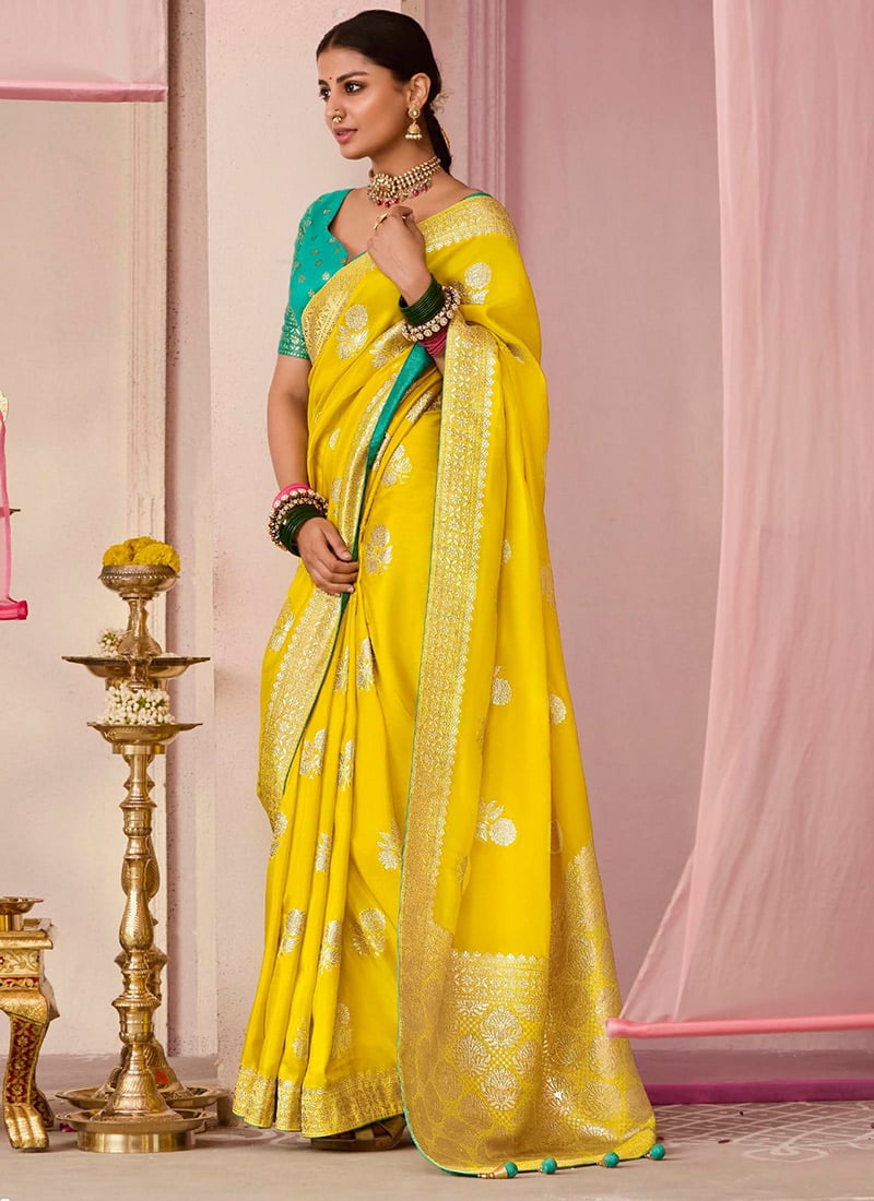 Mustard Silk Jacquard Woven Saree Festive Wear