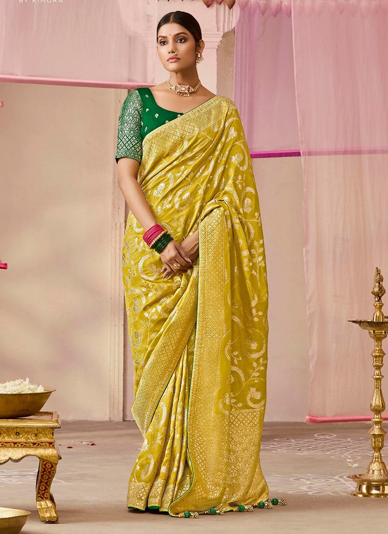 Mustard Silk Jacquard Woven Saree Festive Wear