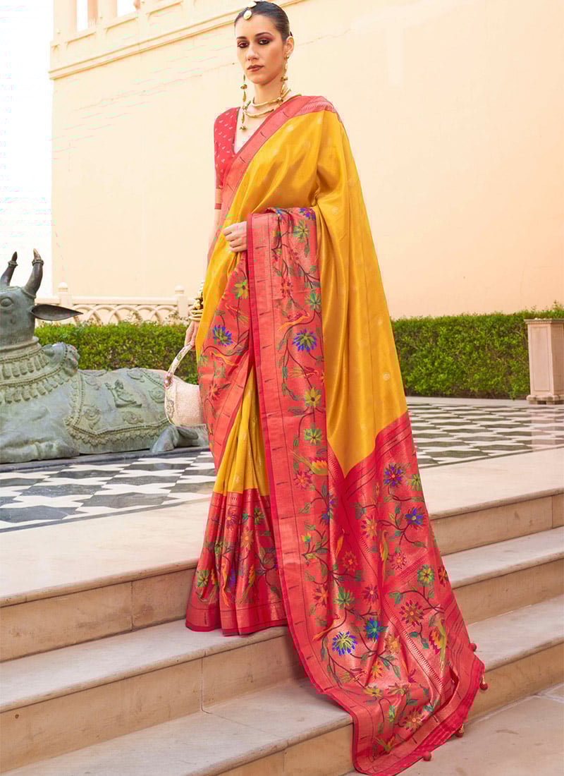 Mustard Silk Jacquard Woven Traditional Party Wear Saree Festive Wear