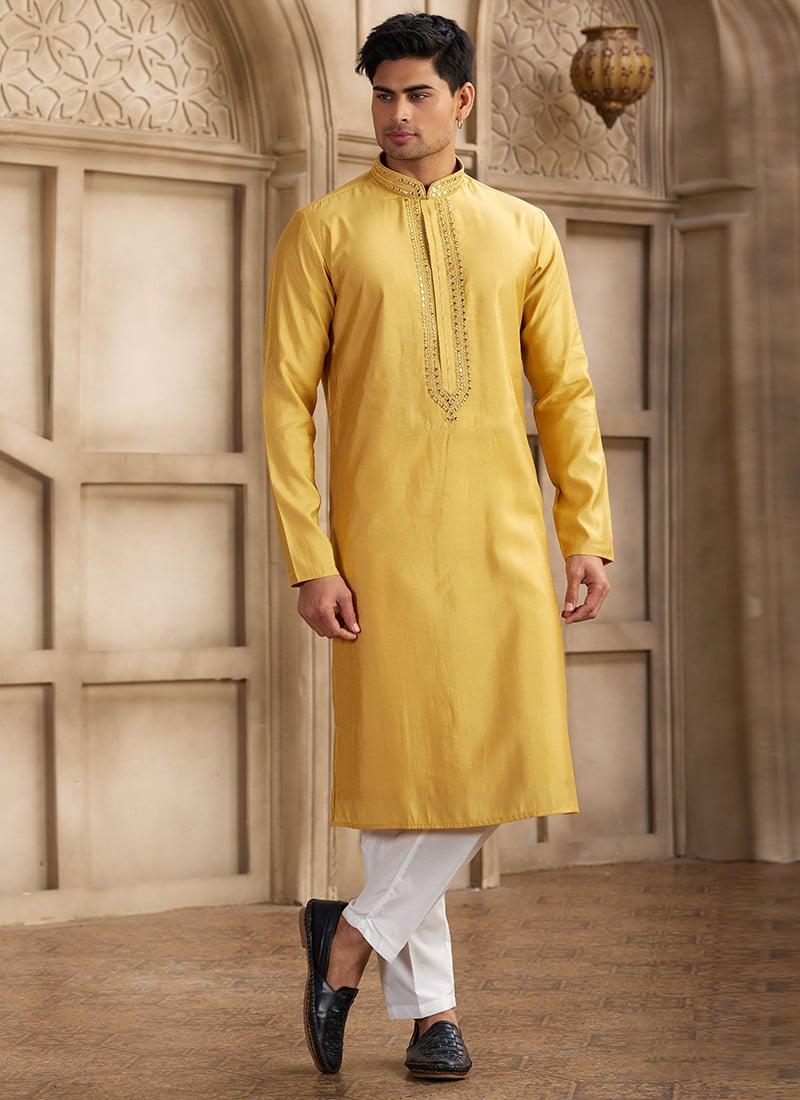 Mustard Silk Kurta Pyjama For Men Festive Wear