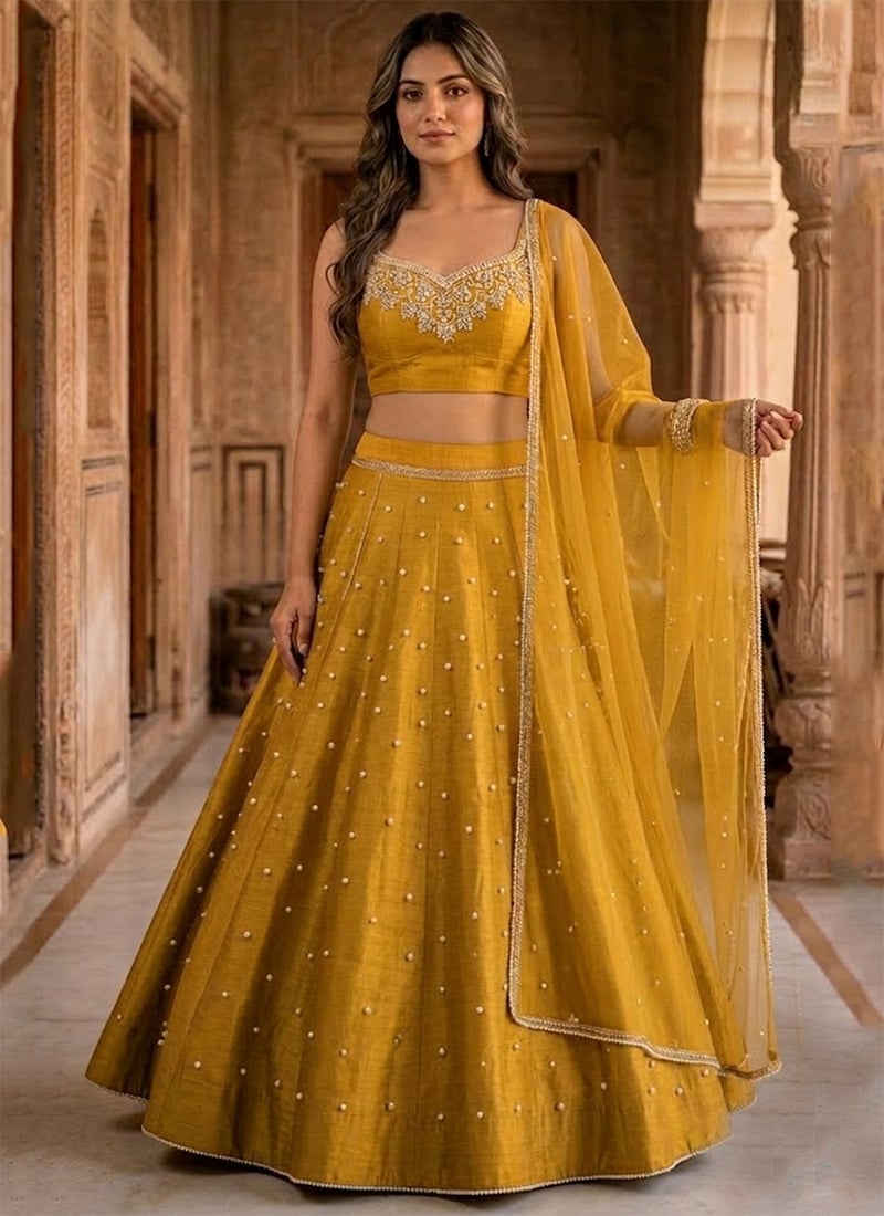 Mustard Silk Moti Hand Embroidered Lehenga Wedding Wear