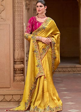 Mustard Silk Organza Embroidered Jacquard Saree