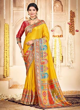 Mustard Silk Position Print Work Saree