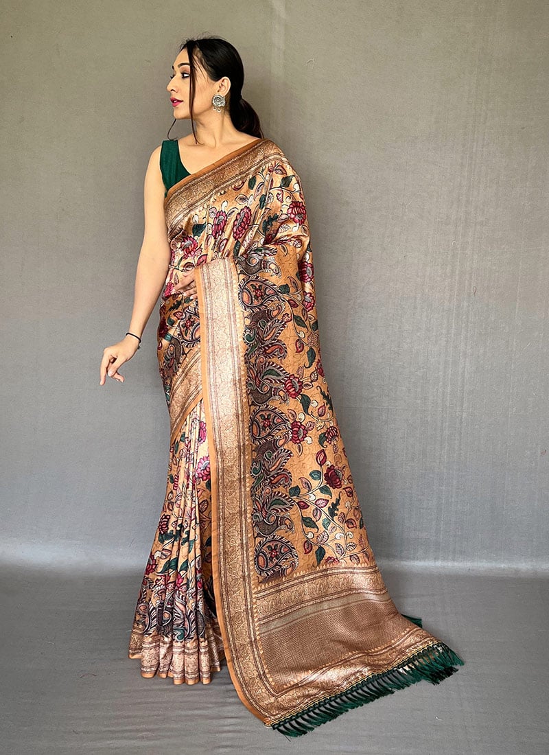 Mustard Silk Printed Work Saree Festive Wear
