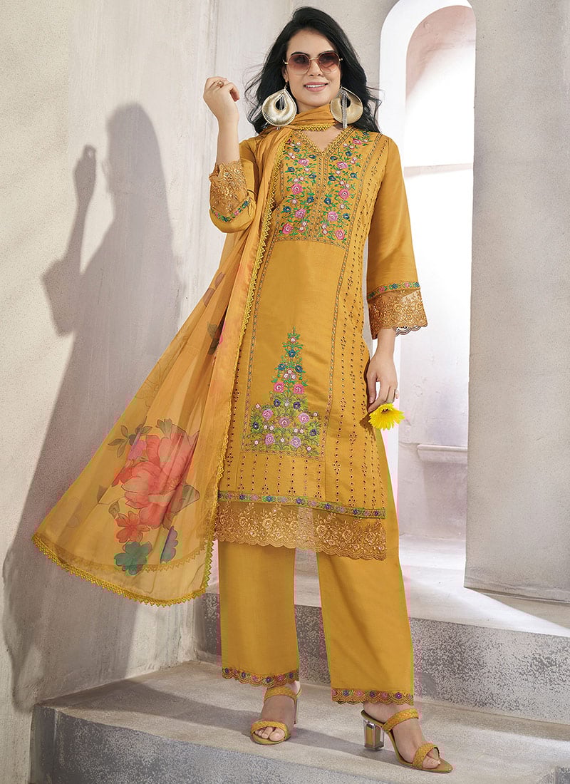 Mustard Silk Schiffli Embroidered Elegance In A Straight Pant Suit Festive Wear