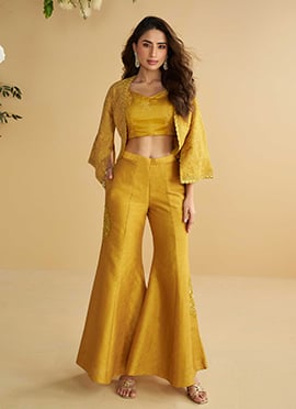 Mustard Silk Sequins Embroidered And Beads Palazzo Set