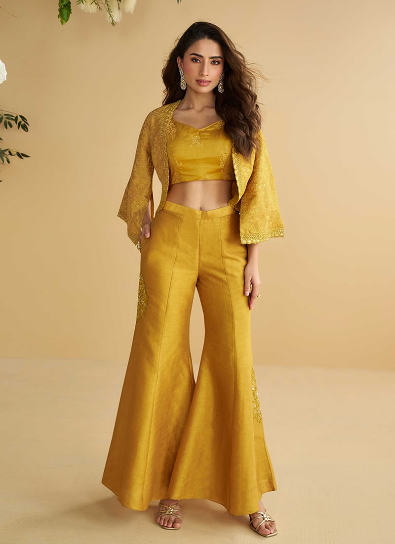 Mustard Silk Sequins Embroidered And Beads Palazzo Set After Six Wear