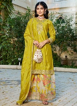 Mustard Silk Sequins Printed Sharara Suit