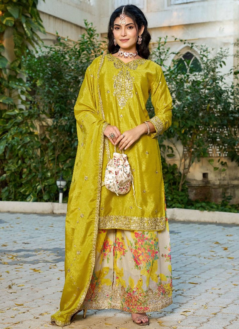 Mustard Silk Sequins Printed Sharara Suit Festive Wear