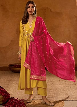 Mustard Silk Slub Embroidered Anarkali Suit