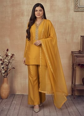 Mustard Silk Stones Beads Cutdana Hand Embroidered Palazzo Suit