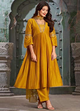 Mustard Silk Straight Pant Suit With Embroidered Lace Detailing