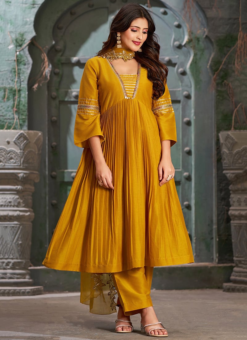 Mustard Silk Straight Pant Suit With Embroidered Lace Detailing Festive Wear