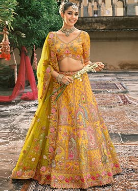 Mustard Silk Thread Embroidered And Cut Work Umbrella Lehenga