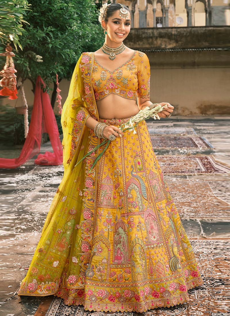 Mustard Silk Thread Embroidered And Cut Work Umbrella Lehenga Wedding Wear