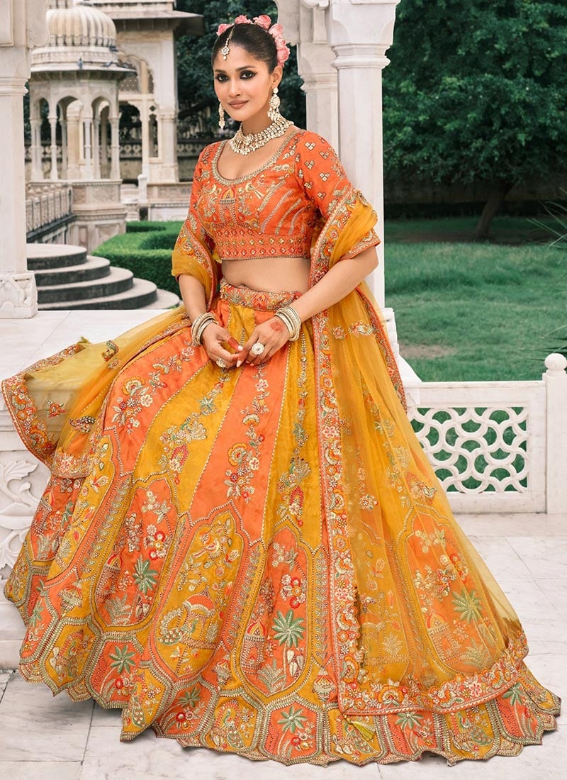 Mustard Silk Thread Embroidered And Cut Work Umbrella Lehenga Wedding Wear