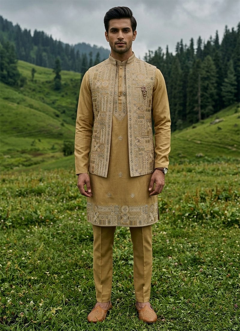 Mustard Silk Thread Embroidered Sequins Bandi Set Festive Wear