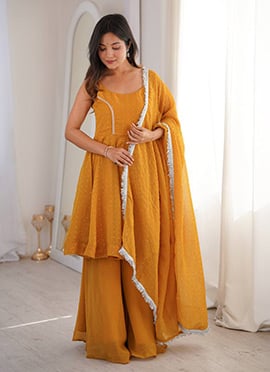 Mustard Silk Tikki Work Palazzo Suit